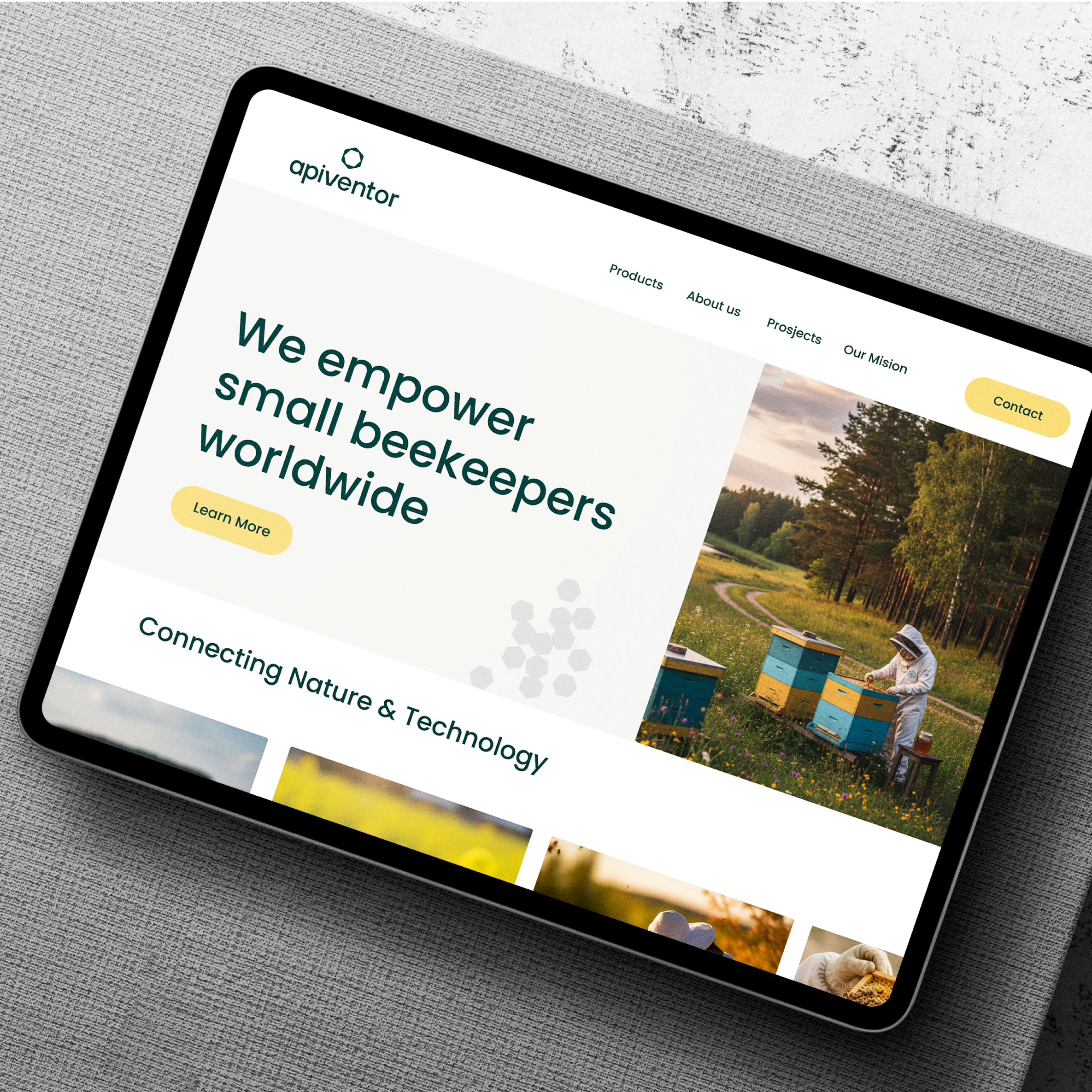 Website shown on tablet for a business in beekeeping and technology.